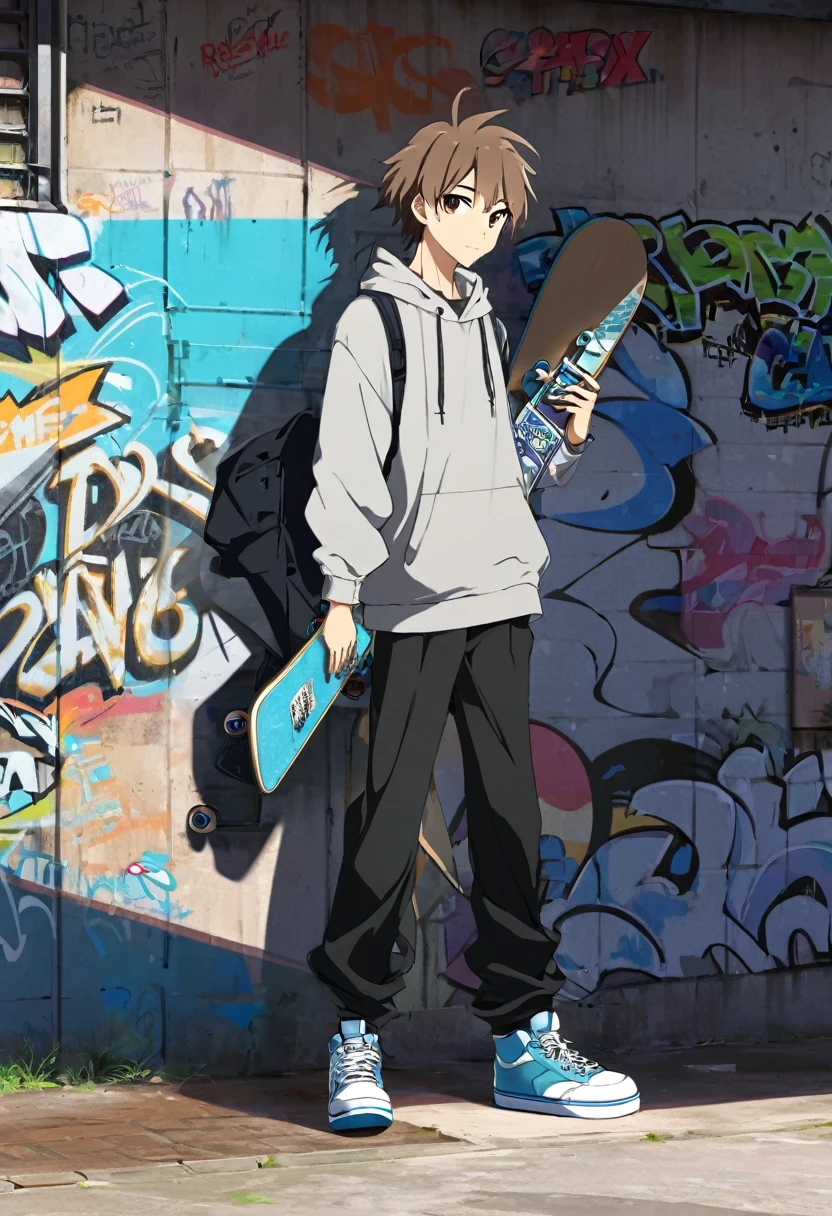Skaterguy, 2000's style, anime, digital art, brown messy hair, holding skateboard, graffiti, grey beanie