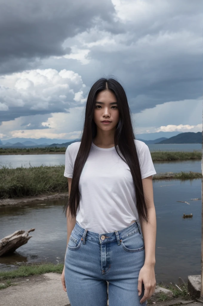 Thai women, Leaner figure、View the viewer, Long Hair, White Shirt, jeans, cloud, Day, null,Outdoor, Post-apocalyptic, France, scenery, wood, water,