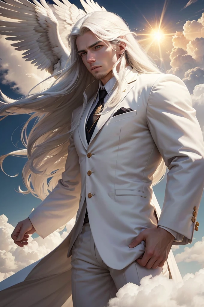 man, twenty four years old, white long hair, wearing white suit, strong body, calm face, golden eyes, long distance view, wide angle image, no beard, front angle view, flying above the clouds, cloudy day, dark clouds, giant sun at the horizon, an eagle flying beside the man