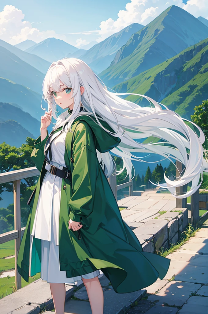 anime girl, white hair, sky, green mountains