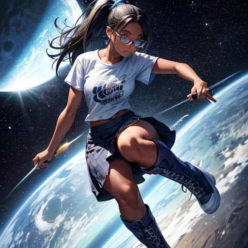 One girl, dark skin, Small breasts, wears thick-framed glasses that accentuate his facial features, Short Hair, Ponytail and gray, Silver Shirt, She is wearing another tight shirt underneath her shirt, Vibrant color details reminiscent of stars and planets in space, Blue skirt and high-top boots with non-slip soles,Holding a Chinese knife