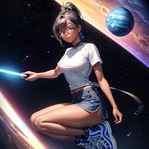 One girl, dark skin, Small breasts, wears thick-framed glasses that accentuate his facial features, Short Hair, Ponytail and gray, Silver Shirt, She is wearing another tight shirt underneath her shirt, Vibrant color details reminiscent of stars and planets in space, Blue skirt and high-top boots with non-slip soles,Holding a Chinese knife