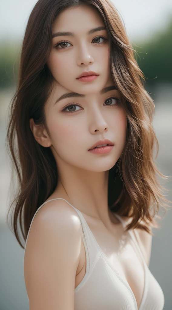 (Highest quality、8k、masterpiece:1.3))、Sharp focus:1.2、Beautiful woman with perfect style:1.4、Slim Abs:1.2、((Dark brown hair、usually:1.2))、(Natural soft light、big:1.1)、Highly detailed face and skin texture、Detailed eyes、double eyelid、White underwear、Shooting in the city,