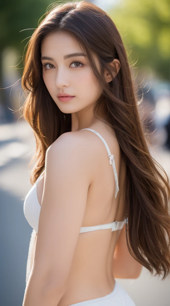 (Highest quality、8k、masterpiece:1.3))、Sharp focus:1.2、Beautiful woman with perfect style:1.4、Slim Abs:1.2、((Dark brown hair、usually:1.2))、(Natural soft light、big:1.1)、Highly detailed face and skin texture、Detailed eyes、double eyelid、White underwear、Shooting in the city,