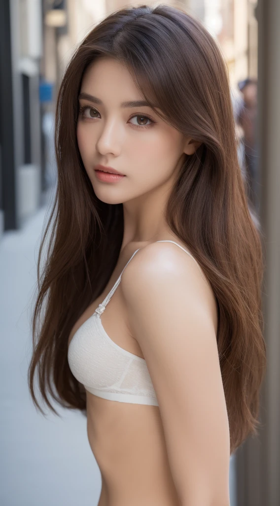 (Highest quality、8k、masterpiece：1.3))、Sharp focus：1.2、Beautiful woman with perfect style：1.4、Slim Abs：1.2、((Dark brown hair、usually：1.2))、(Natural soft light、big:1.1)、Highly detailed face and skin texture、Detailed eyes、double eyelid、White underwear、Shooting in the city,