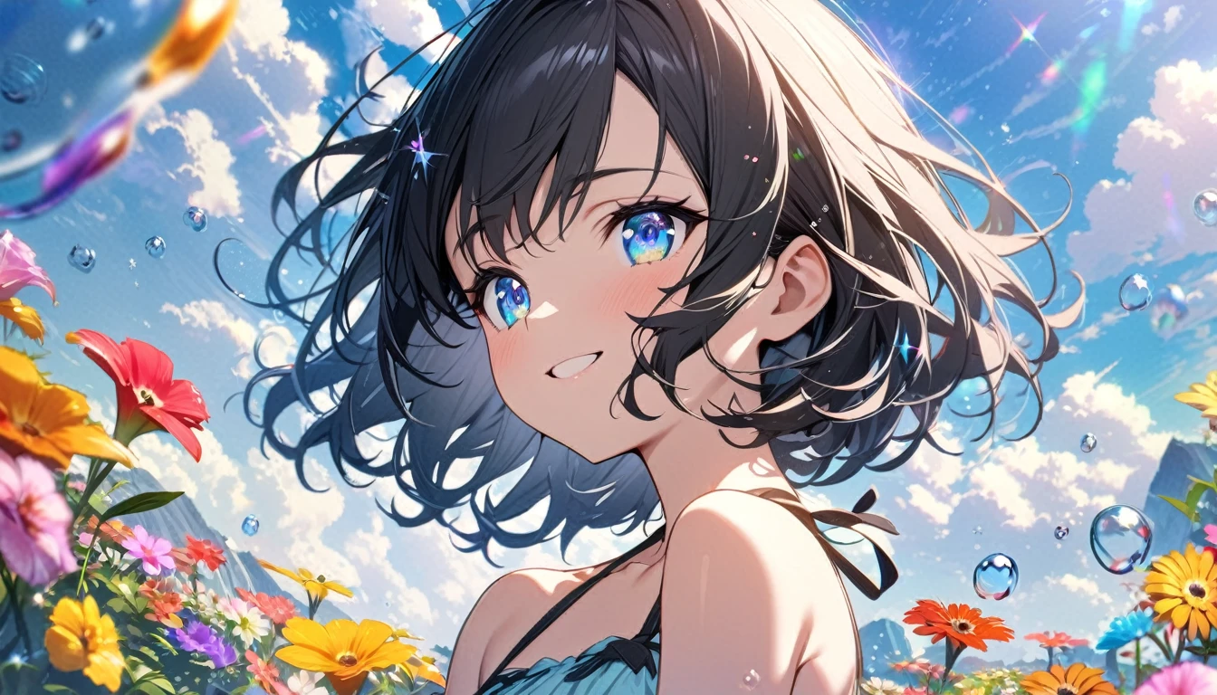one Beautiful girl, solo, gentle smile on her face flat chest, short hair, black hair, blue eyes, (detailed eyes),, JK,Flowing hair,Beautiful sky, Beautiful clouds, Summer,Colorful flowers, (Crystal clear bubbles sparkle in the sky), masterpiece,high resolution