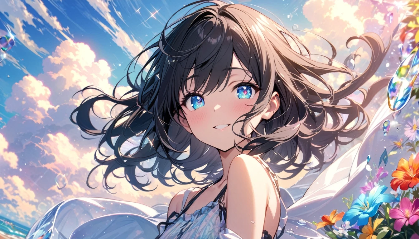 one Beautiful girl, solo, gentle smile on her face flat chest, short hair, black hair, blue eyes, (detailed eyes),, JK,Flowing hair,Beautiful sky, Beautiful clouds, Summer,Colorful flowers, (Crystal clear bubbles sparkle in the sky), masterpiece,high resolution