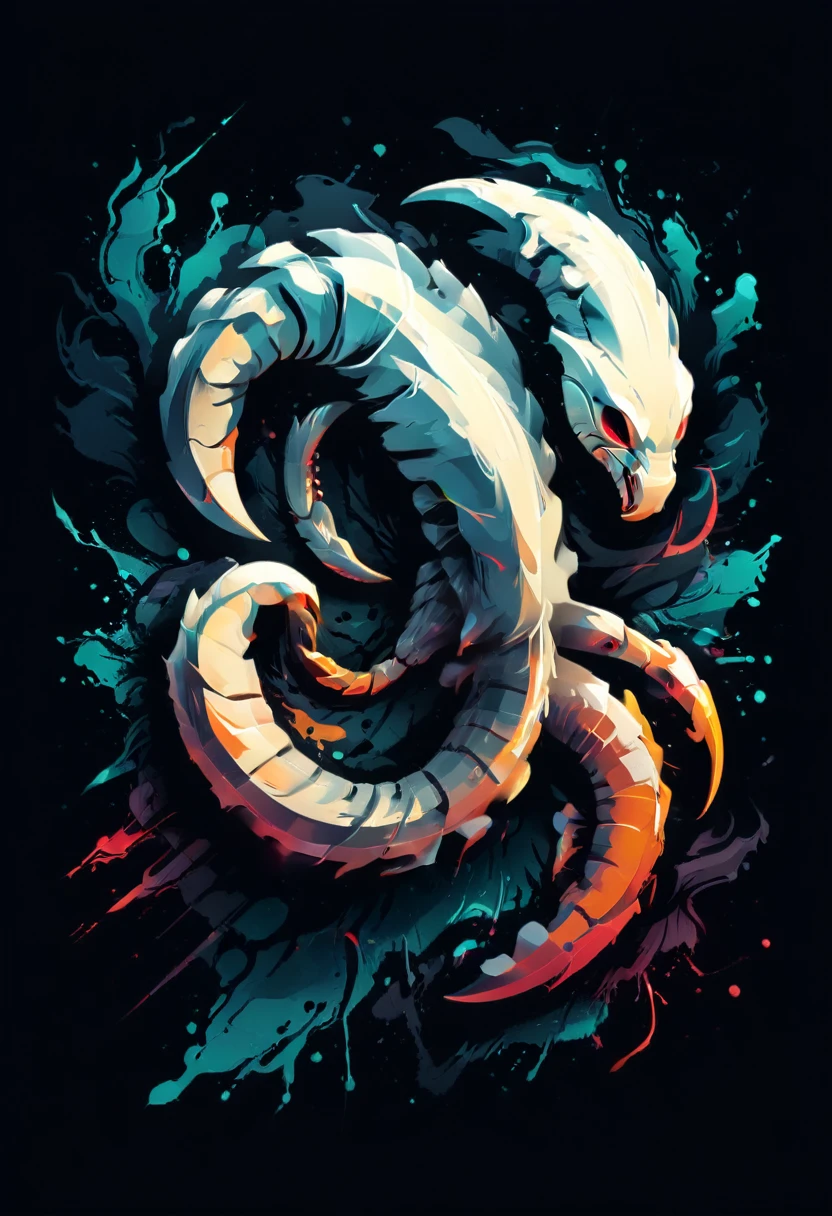 T-shirt Design with abstract scorpion, Fashion Print Illustration, vector graphic, isolated on black background, t shirt design,robust style,just design,White background,no model,proffesional,hight contrast,high resolution,ultra detali,bright coloured,metallic details,sharp focus,Jumpy,dynamic composition,gritty texture,rough brushstrokes,Mechanical elements,Chrome Effect,classic typography,retro style,distressed look,aggressive lines and curves,3D rendering,impressive visual impact,dark shadows,strong brand presence,monochrome palette,Industrial aesthetics