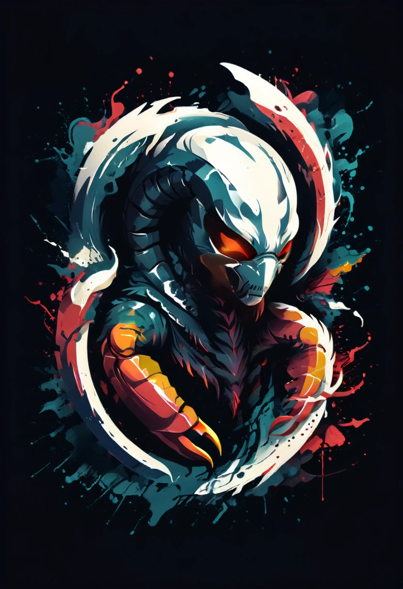 T-shirt Design with abstract scorpion, Fashion Print Illustration, vector graphic, isolated on black background, t shirt design,robust style,just design,White background,no model,proffesional,hight contrast,high resolution,ultra detali,bright coloured,metallic details,sharp focus,Jumpy,dynamic composition,gritty texture,rough brushstrokes,Mechanical elements,Chrome Effect,classic typography,retro style,distressed look,aggressive lines and curves,3D rendering,impressive visual impact,dark shadows,strong brand presence,monochrome palette,Industrial aesthetics