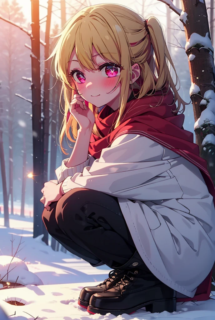 rubyhoshino, Hoshino Ruby, Long Hair, bangs, blonde, (Pink Eyes:1.3), Side Lock, (Symbol-shaped pupil:1.5), Multicolored Hair, Two-tone hair, smile,,smile,blush,white breath,
Open your mouth,snow,Ground bonfire, Outdoor, boots, snowing, From the side, wood, suitcase, Cape, Blurred, , forest, White handbag, nature, Squat, Mouth closed, Cape, winter, Written boundary depth, Black shoes, red Cape break looking at viewer, Upper Body, whole body, break Outdoor, forest, nature, break (masterpiece:1.2), Highest quality, High resolution, unity 8k wallpaper, (shape:0.8), (Beautiful and beautiful eyes:1.6), Highly detailed face, Perfect lighting, Extremely detailed CG, (Perfect hands, Perfect Anatomy),