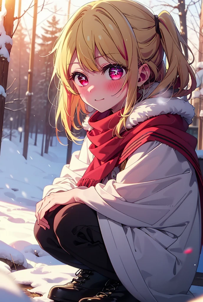 rubyhoshino, Hoshino Ruby, Long Hair, bangs, blonde, (Pink Eyes:1.3), Side Lock, (Symbol-shaped pupil:1.5), Multicolored Hair, Two-tone hair, smile,,smile,blush,white breath,
Open your mouth,snow,Ground bonfire, Outdoor, boots, snowing, From the side, wood, suitcase, Cape, Blurred, , forest, White handbag, nature,  Squat, Mouth closed, Cape, winter, Written boundary depth, Black shoes, red Cape break looking at viewer, Upper Body, whole body, break Outdoor, forest, nature, break (masterpiece:1.2), Highest quality, High resolution, unity 8k wallpaper, (shape:0.8), (Beautiful and beautiful eyes:1.6), Highly detailed face, Perfect lighting, Extremely detailed CG, (Perfect hands, Perfect Anatomy),