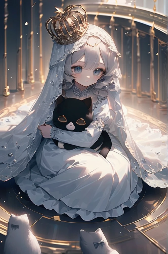 ((Лучшее качество)), ((шедевр)), (подробный), The girl is an alien. the eyes are gray-black and very very large. the skin color is gray-blue. the long white dress glitters. The girl is a princess. There is a crown and a veil on his head. The moon planet is behind us. The girl has a striped gray cat in her arms .white hair , long to the floor