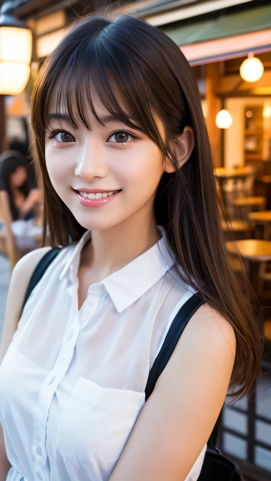 Cute girl working on the terrace of a cafe　Japanese　１９Year　
Professional Lighting　Digital SLR　Beautiful and elaborate face　Perfect and beautiful face　Big Eyed Smile