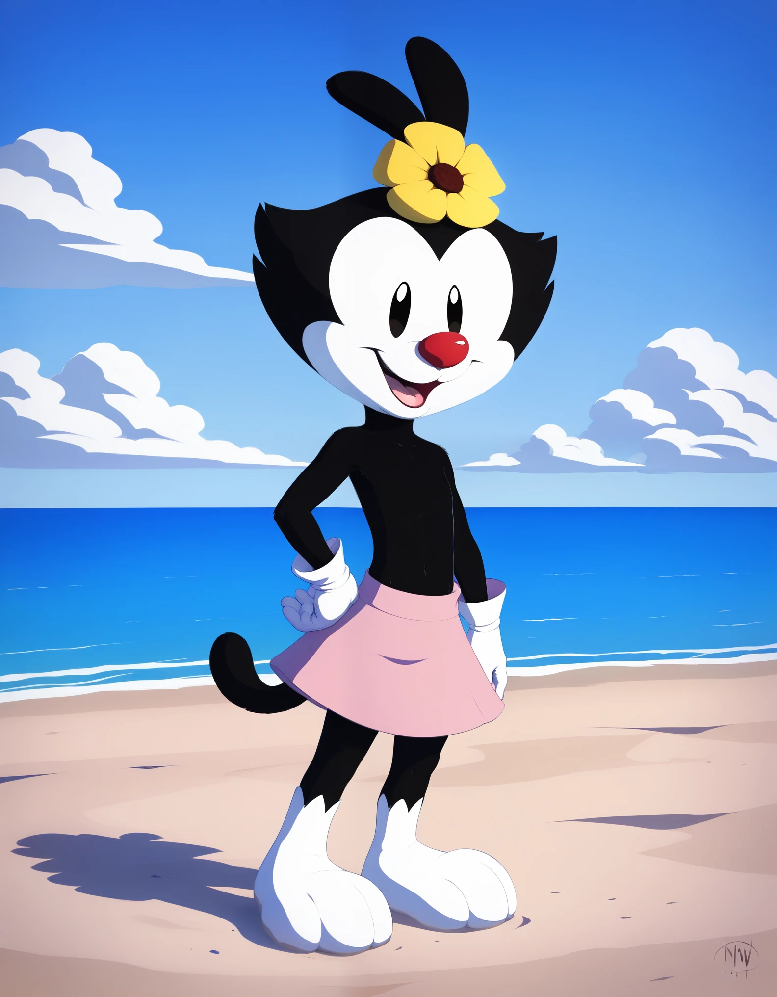 score_9, score_8_up, score_7_up, score_6_up, furry, solo, 1girl, animal ears, d0tw4n3r,, cub, dwarf, dotw, girl, flat chest, black body, black head, white cheeks, white legs, black ears, mouth open, black tail, white eyelids, black eyes, Red nose, white gloves, yellow flower on head, pink skirt, pink bra, standing on the beach, modest, naive, on the beach, masterpiece, detailed, detailed background, 8k, 4k, detailed shaders [best quality, shaded, extreme detail, highly detailed, ultradetailed, intricate, realistic], featureless chest