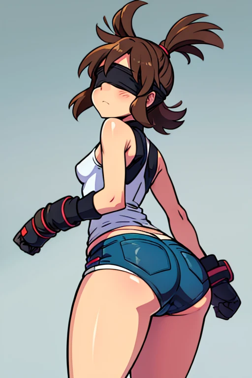 girl in spandex booty shorts, wearing oven mittens tucked in pockets, blindfold