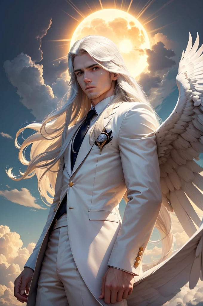 man, twenty four years old, white long hair, wearing white suit, strong body, calm face, golden eyes, long distance view, wide angle image, no beard, front angle view, floating above the clouds, cloudy day, dark clouds, giant sun at the horizon, an eagle flying alongside the man