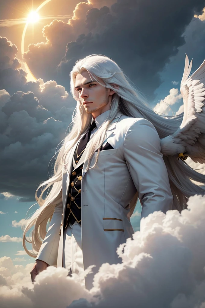 man, twenty four years old, white long hair, wearing white suit, strong body, calm face, golden eyes, long distance view, wide angle image, no beard, front angle view, floating above the clouds, cloudy day, dark clouds, giant sun at the horizon, an eagle flying alongside the man