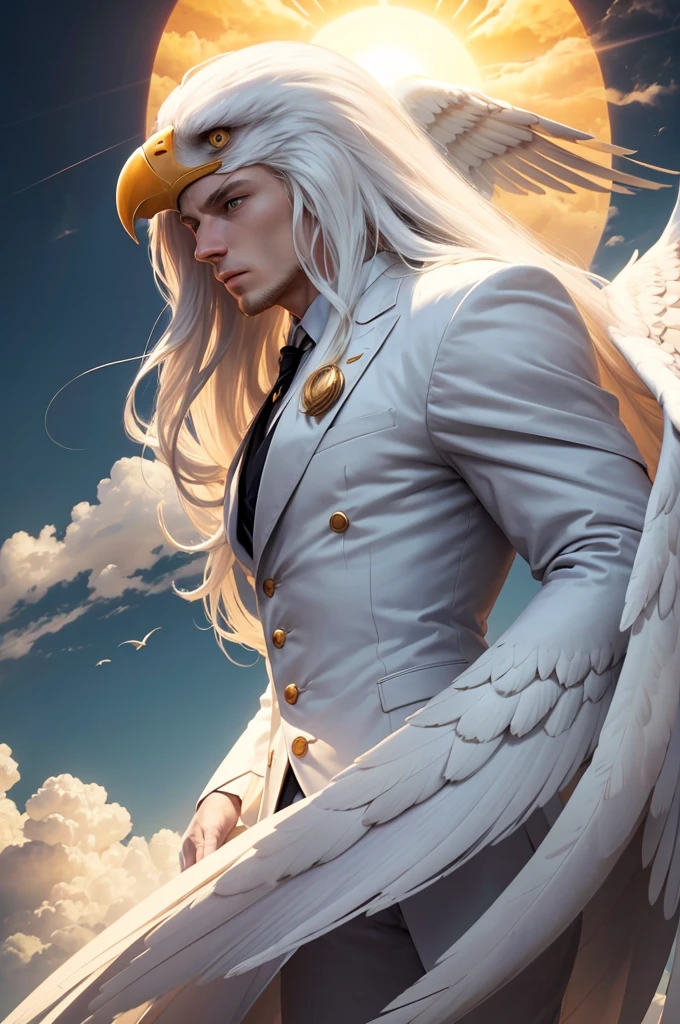 man, twenty four years old, white long hair, wearing white suit, strong body, calm face, golden eyes, long distance view, wide angle image, no beard, front angle view, floating above the clouds, cloudy day, dark clouds, giant sun at the horizon, an eagle flying alongside the man