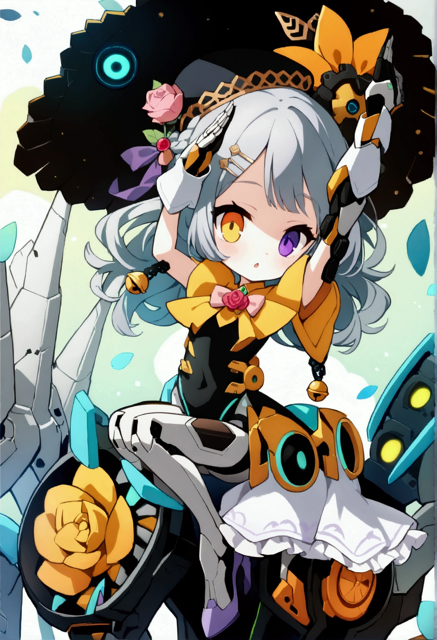 woman 160cm tall, slim build, , charming look, ((heterocromia: look like, derecho naranja y look like izquierdo violeta)), (Shoulder Length Wavy Gray Hair, a short braid on the left side of the hair, big open bangs, golden gear hairpin in hair), (((complex mechanical legs up to the hip, The legs are black with gray parts with small pink details))), (((complex mechanical arms up to the elbows, The arms are black with gray parts with small pink details))), (complex white mechanical angel wings with pastel green parts), (elegant black French beret with an orange rose ribbon), (elegant thigh-length one-piece dress, short bell skirt with small gear ribbons, short sleeves, elegant black hip belt with orange parts, small rose brooch in the middle of the bust, beautiful mechanical stiletto heels), (((character design sheet: Full body front view))), extremely detailed beautiful hair, beautiful detailed dress, extremely detailed arms, extremely detailed face, (Extremely detailed hands), perfect hands, small face, hermosos look likes detallados, beautiful detailed lips, adorable, extremely detailed legs, (Best Quality, 8k, Ultra resolution), ultra detailed, Exquisite and epic character art, ((Pastel yellow background)), (Focus on symmetry), (extremely detailed wings).