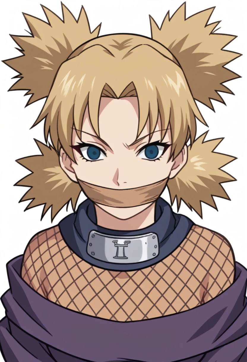 score_9, score_8_up, score_7_up, score_6_up, score_5_up, score_4_up, BREAK, source_anime, ytemari, 1girl, blonde hair, quad tails, blue eyes, fishnets, purple garment, sash, hands behind back, smile, upper body, looking at viewer, solo, simple background, white background, anime screencap, anime coloring, tape over mouth, gagged, looking at a timebomb