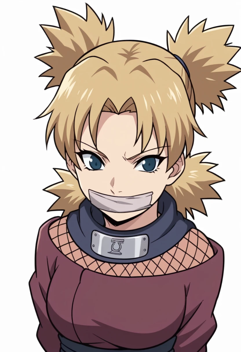 score_9, score_8_up, score_7_up, score_6_up, score_5_up, score_4_up, BREAK, source_anime, ytemari, 1girl, blonde hair, quad tails, blue eyes, fishnets, purple garment, sash, hands behind back, smile, upper body, looking at viewer, solo, simple background, white background, anime screencap, anime coloring, tape over mouth, gagged, looking at a timebomb
