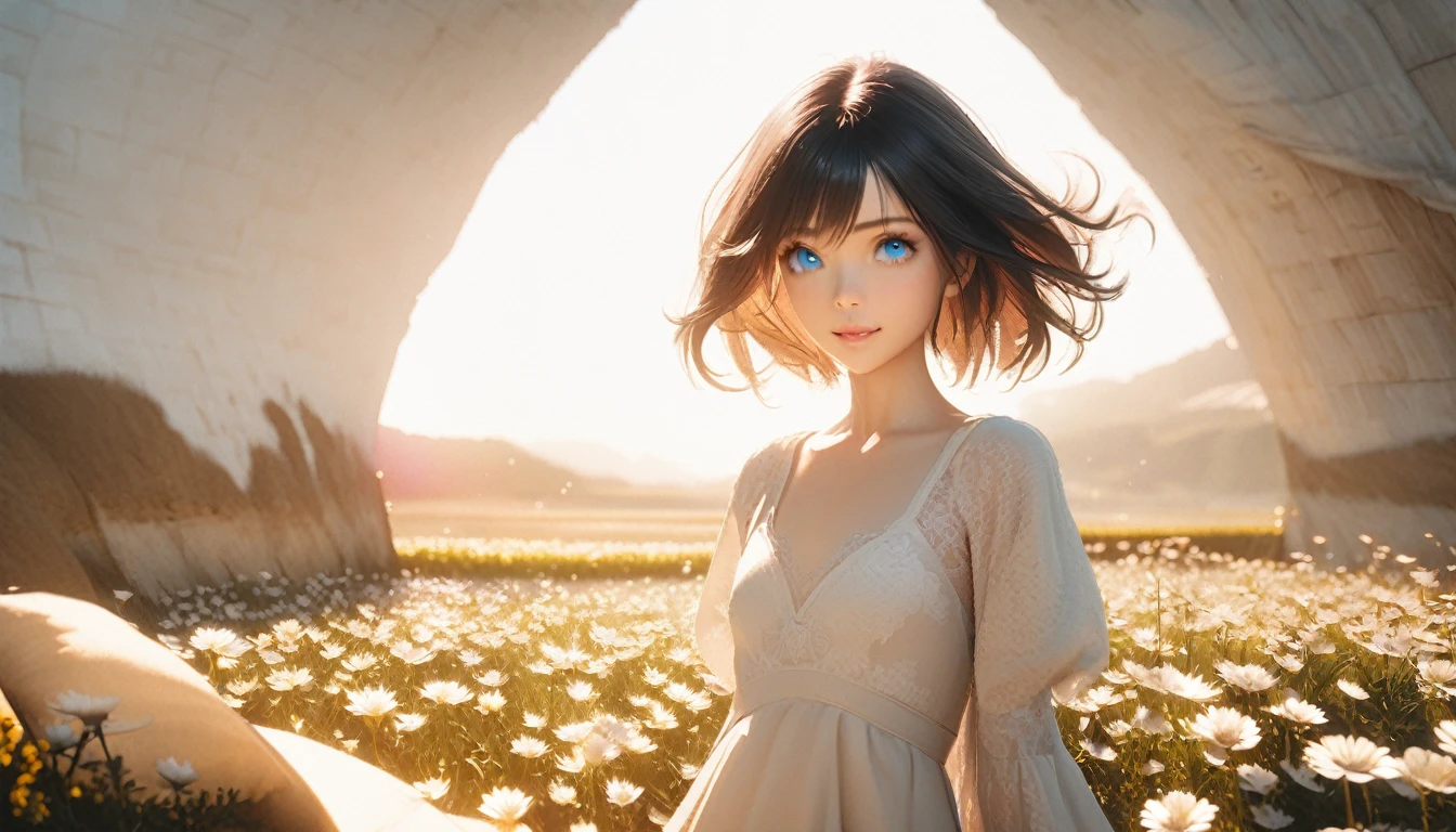 ne Beautiful girl, solo, gentle smile on her face flat chest, short hair, black hair, blue eyes, (detailed eyes),Sunny day landscape images, Only landscapes with flowers, Flower Field, unmanned, There are no animals, Lively, Art Style, comics, Artistic, Soft color palette, As if blown by the wind々Various kinds of flowers, Luminance, Magical Pictures, Soft lighting, Light background, Realistic photos, Very detailed, 4K, High resolution, Ultra-thin Sharp, high quality, Individuality, Beautiful colors, 3D Rendering,