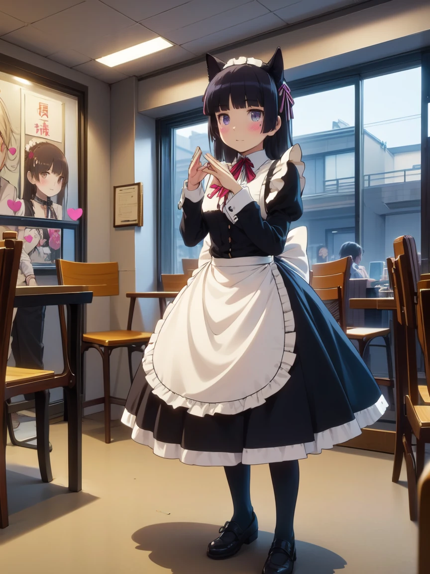 (masterpiece, Highest quality),  (ruri gokou), blush, Black Hair, Mole, Mole under eye, One Girl, Long Hair, Hime cut, (((maid Cafe))), ((Heart Hands)), ((Maid clothes, Cat ear, A girl in a costume is standing)), stockings, Black Tail, (apronスカート), Midi Skirt, stockings, apron, Frills, ribbon, collar, cuffs, Food on the table, Several boys sitting on chairs, indoor, Windows, reflection, Second floor, Colorful signs in Akihabara, full body