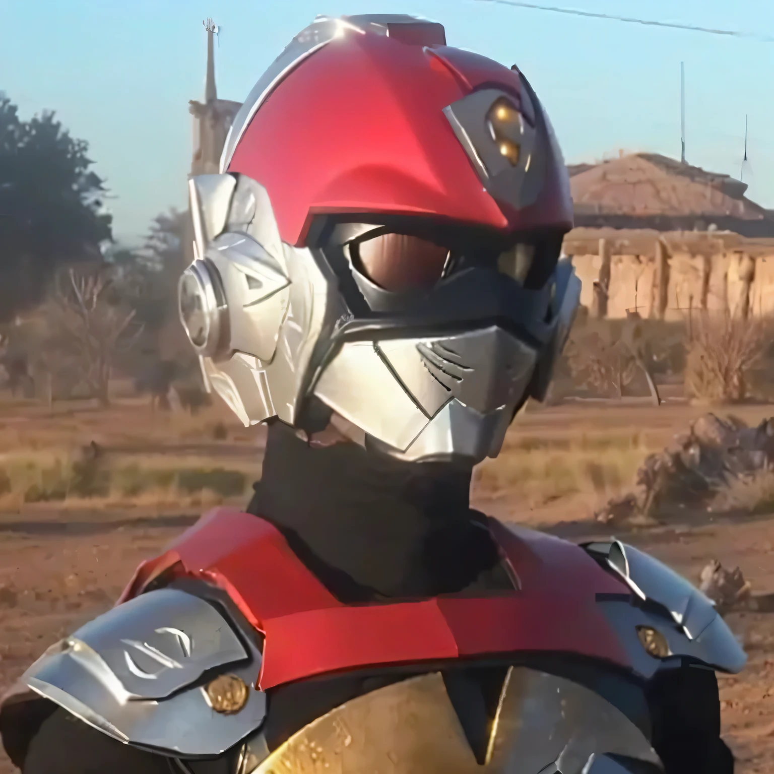 a close-up of a person wearing a red and silver costume, tokusatsu, covered in all-metal armor, kamen rider character, fourteen, high-tech red armor, kamen rider, robot metal armor, the secret seventh Power Ranger, Mazinger, kabuto, high fantasy kamen rider, zordon from Power Rangers, Power Ranger, visor over the face, chrome mask
