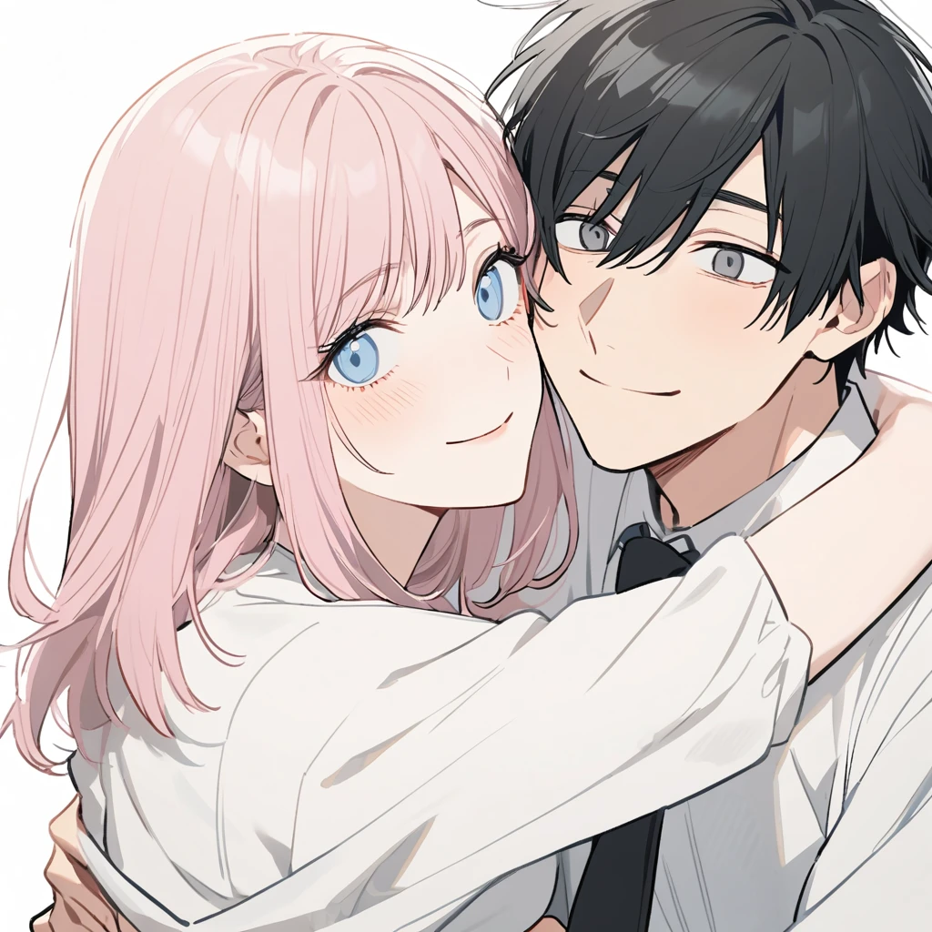 1 older woman with long, light pink hair and blue eyes,hugging 1 younger boy with short black hair and gray eyes,(hug), ((Couple)),both with a white blouse and a black tie,smiling,White background, chainsaw man style 