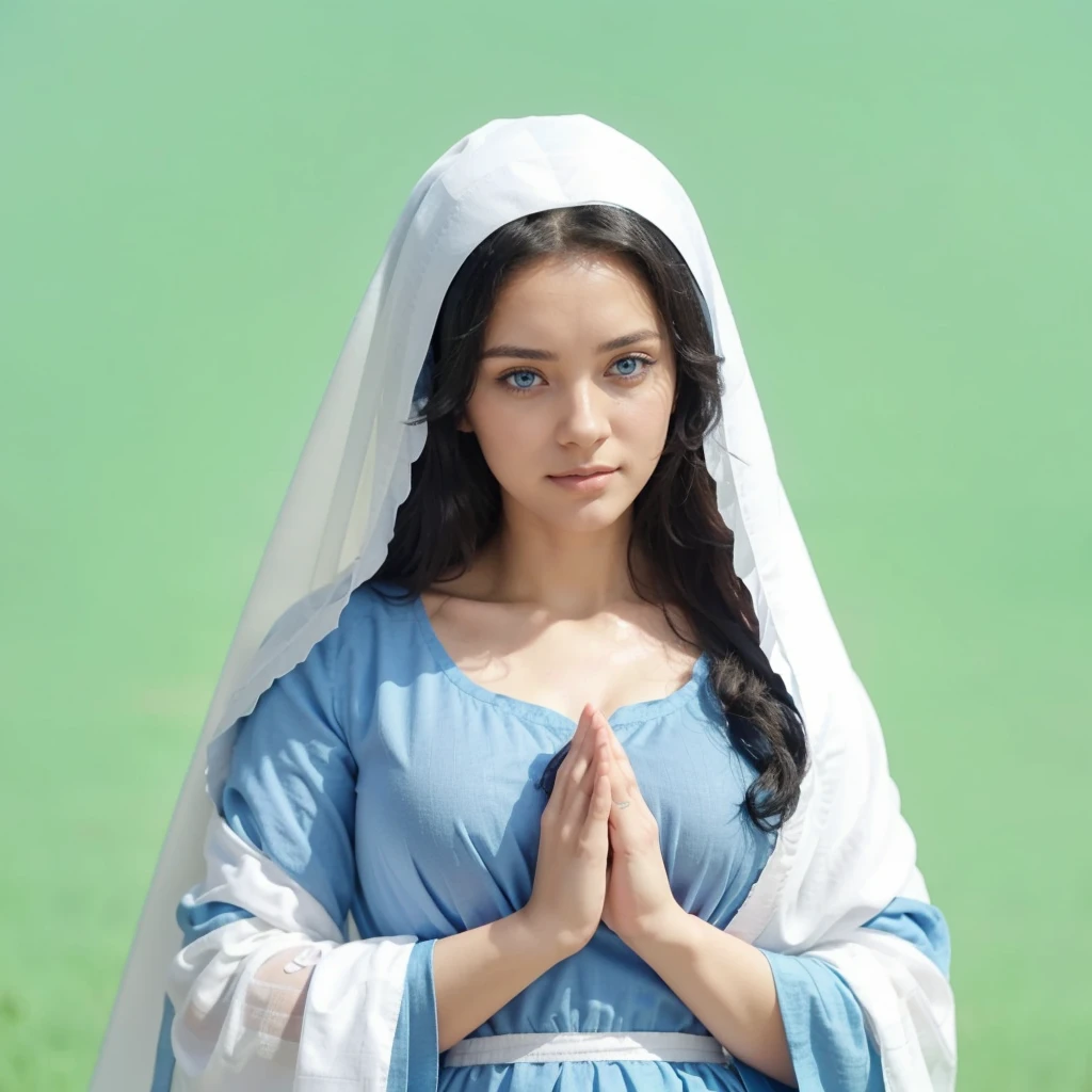 Beautiful woman with light blue eyes, curly black hair, wearing a blue tunic with wide, long sleeves adjusted at the waist by a white sash. Wear a thick white veil.