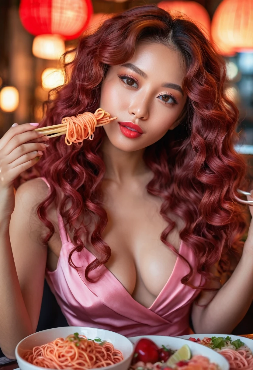 a beautiful mixed girl, beautiful detailed face, perfect hands and feet, long red wavy hair, hair clip, backlighting, delicate nose, lush detailed lips, pink sexy cocktail dress, taking a selfie, eating red delicious japanese noodles, (best quality,8k,highres,masterpiece:1.2),ultra-detailed,(realistic,photorealistic:1.37),portrait,vivid colors,bokeh