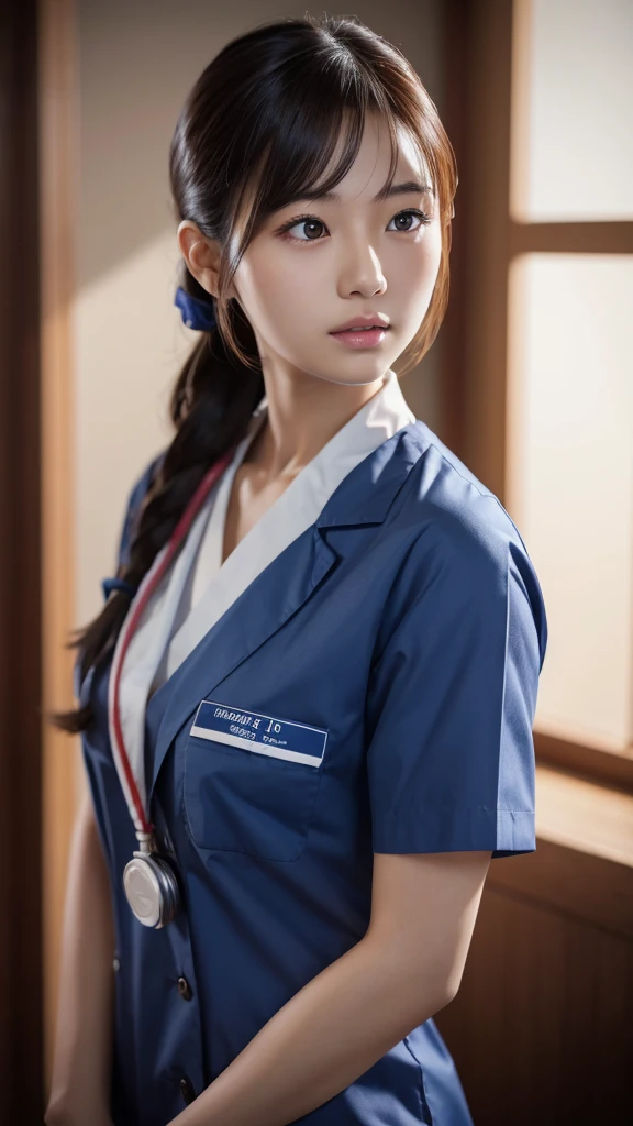 A beautiful young Japanese woman, around 20 years old, wearing a Nurses' Uniforms, ultra-detailed, 8K resolution, highly realistic, cinematic lighting, best quality, masterpiece, photorealistic, physically-based rendering, extremely detailed, vivid colors, professional, sharp focus, studio lighting