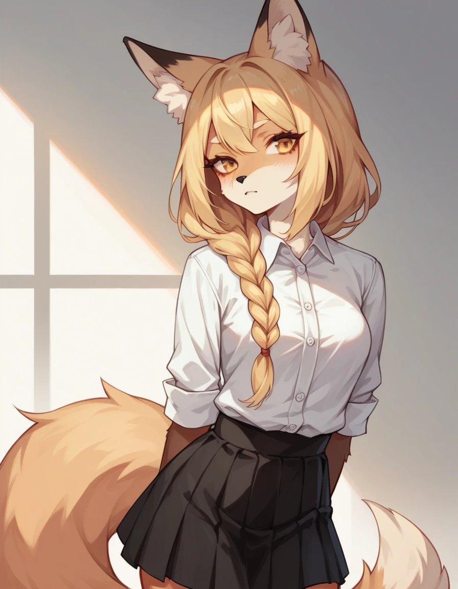 score_9,score_8_up,score_7_up, niji style, Anthro, light yellow anthro furry fox girl, fox girl, long blonde hair, single braided hair, yellow eyes, snout, black nose, blonde furry body, fox ears and tail, small breasts, wearing white button up shirt, black skirt