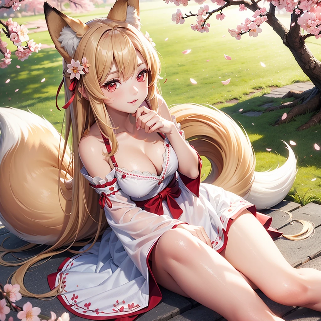 (masterpiece), best quality, expressive eyes, perfect face, fox girl, ((fluffy tail)), (under cherryblossom tree), coloful summer dress, embroided summer dress, red eyes, detailed eyes, perfect face, cleavage 