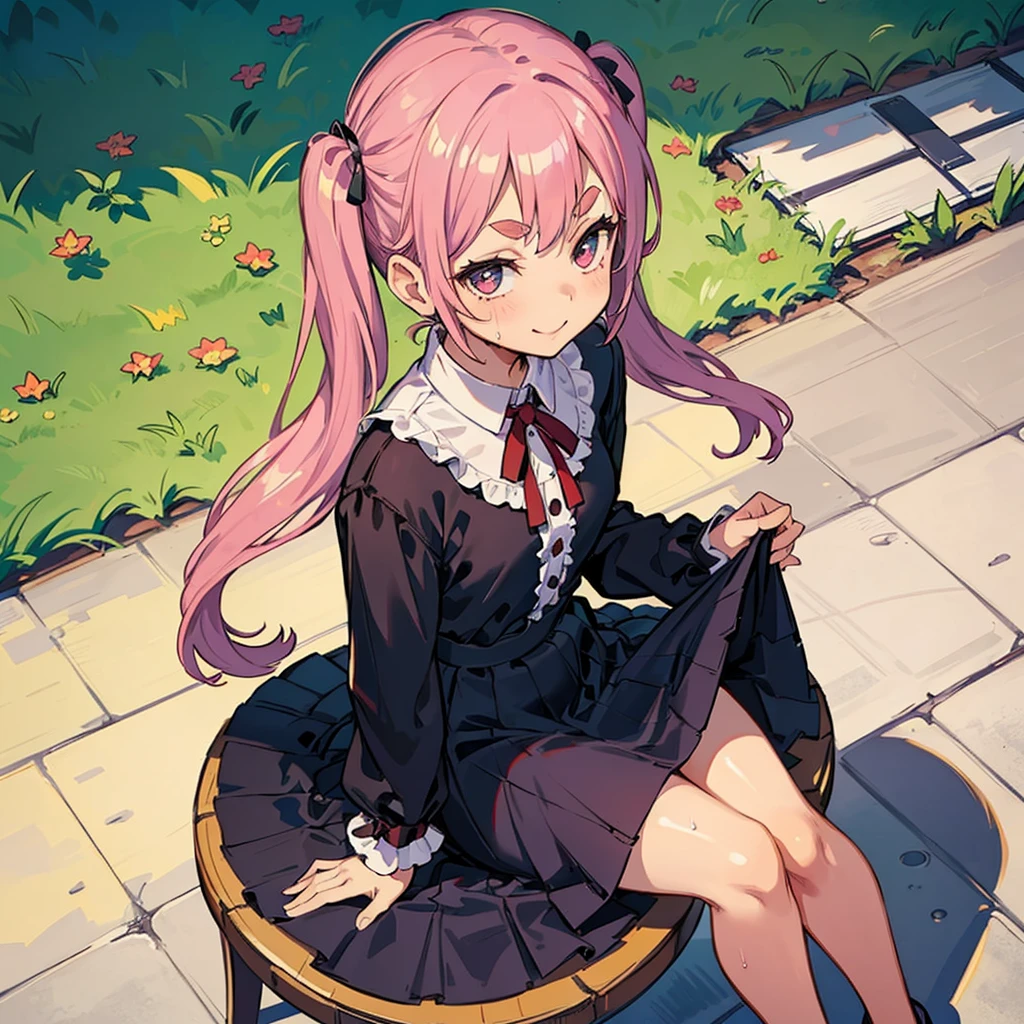 Girl with pink hair, long twintail hairstyle, ((small bushy eyebrows)), wearing gothic ta clothing, loli, walking to school, flirty smile,, bored look, bored face,, (sitting with legs open lifting her skirt to show her vagina wet with semen), male pov, looking from above view