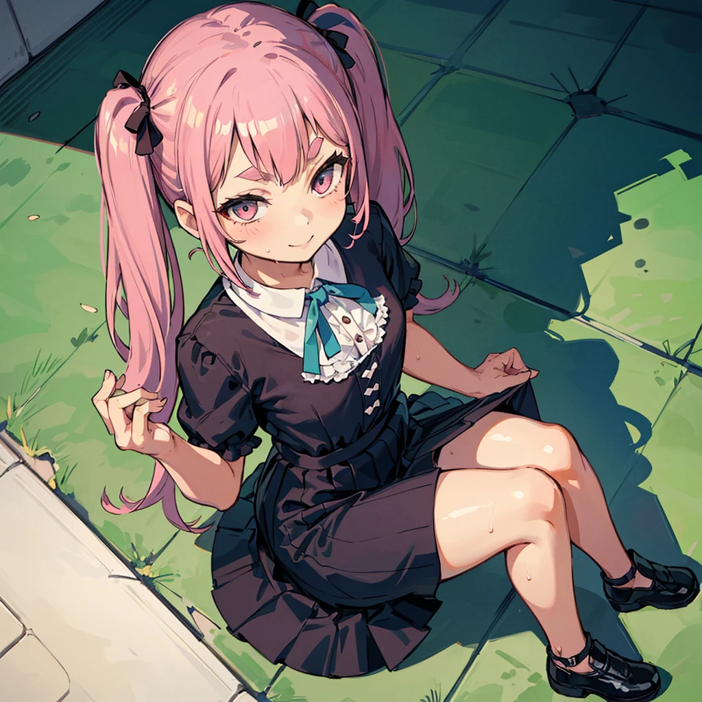 Girl with pink hair, long twintail hairstyle, ((small bushy eyebrows)), wearing gothic lolita clothing, lolicon , walking to school, flirty smile,, bored look, bored face,, (sitting with legs open lifting her skirt to show her vagina wet with semen), sitting missionary sex , male pov, looking from above view
