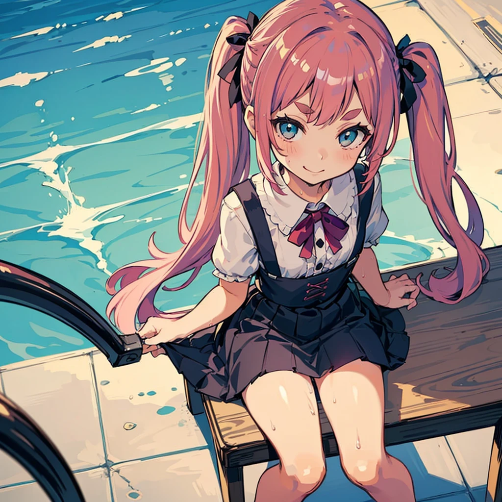 Girl with pink hair, long twintail hairstyle, ((small bushy eyebrows)), wearing gothic lolita clothing, lolicon , walking to school, look very flirtatious,,, (sitting with legs open lifting her skirt to show her vagina wet with semen), girl giving a blowjob to a male  , male pov, looking from above view
