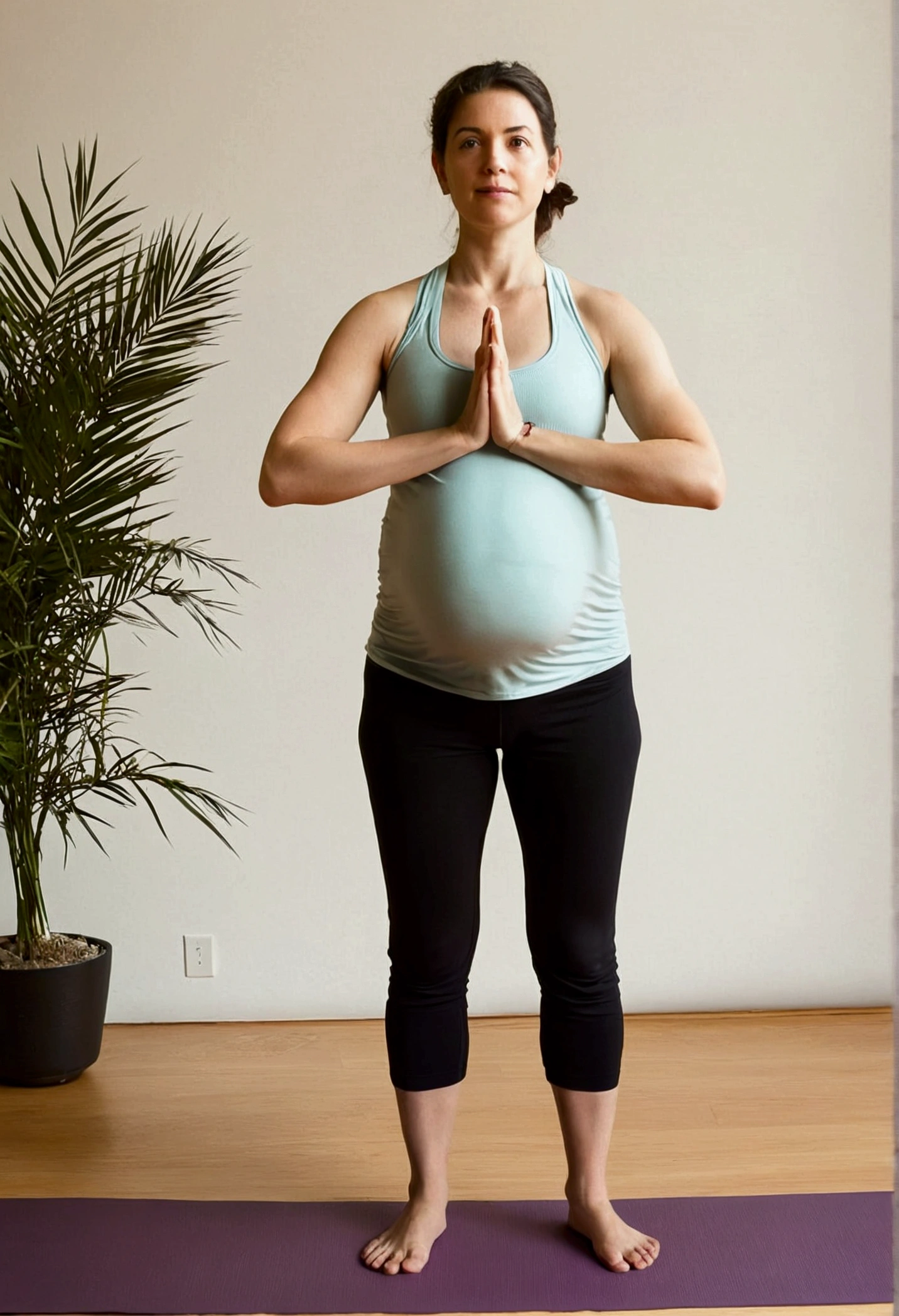 Prenatal Yoga: Mountain Pose (Tadasana): Step 1: Stand with your feet together or slightly apart, distributing your weight evenly. Prompt: "Create a photorealistic young 26-year-old pregnant girl explaining the pose correctly to the camera in "Step 1" standing in a yoga studio at home, doing prenatal yoga, with her feet together or slightly apart, distributing the weight evenly”