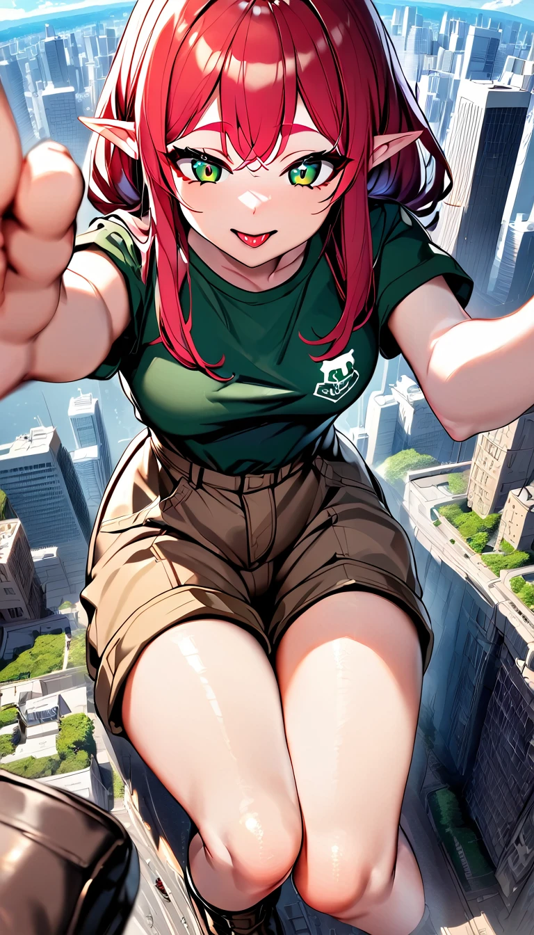 1 female elf with long red hair, emerald green eyes, wearing a green top and brown cargo shorts, black Doc Martens, holding a tiny person above her wide open mouth, long tongue out, waiting for the tiny guy to land, pov from above, focusing on the fear in the tiny guy's eyes and the amusement on the lady elf's face, mischievous grin, detailed expression, depth of field, foreshortening, sky in the background, cityscape below, giantess, mega size, work of art, best quality, absurdly detailed