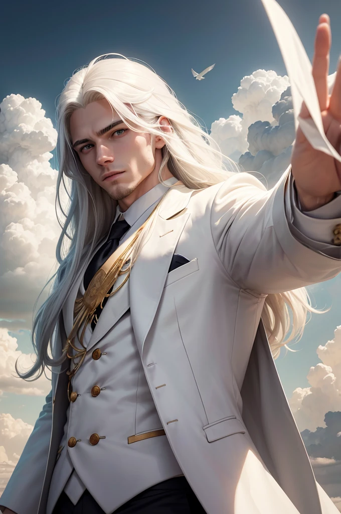 man, twenty four years old, white long hair, wearing white suit, strong body, calm face, golden eyes, long distance view, wide angle image, no beard, front angle view, flying above the clouds, cloudy day, dark clouds, giant sun at the horizon, birds around