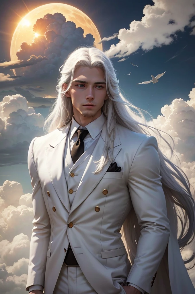 man, twenty four years old, white long hair, wearing white suit, strong body, calm face, golden eyes, long distance view, wide angle image, no beard, front angle view, flying above the clouds, cloudy day, dark clouds, giant sun at the horizon, birds around