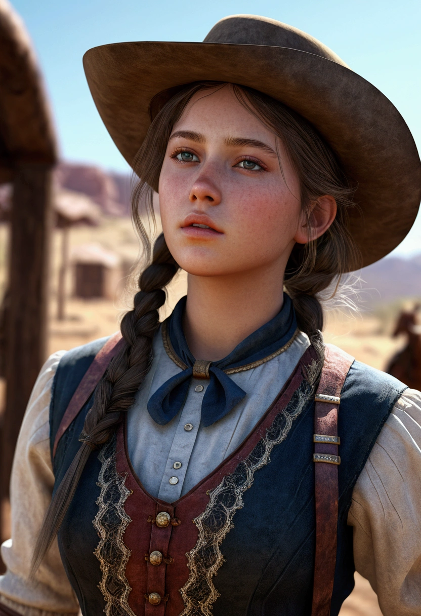 Hyper Realistic 1girl in Old West Clothing, Fantasy Art, Photorealistic, Dynamic Lighting, Artstation, Highly Detailed Face, 4K, Award Winning,