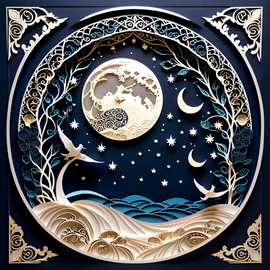 Create a detailed paper-cut artwork featuring intricate arabesque patterns on a moonlit night。. The artwork is exquisite, Swirling patterns that capture the essence of arabesque art, Against the backdrop of a calm night sky illuminated by the full moon. The moonlight should cast subtle shadows and highlights on the pattern., Adding depth and complexity. The overall atmosphere should be mysterious and elegant., Evoking timeless beauty.