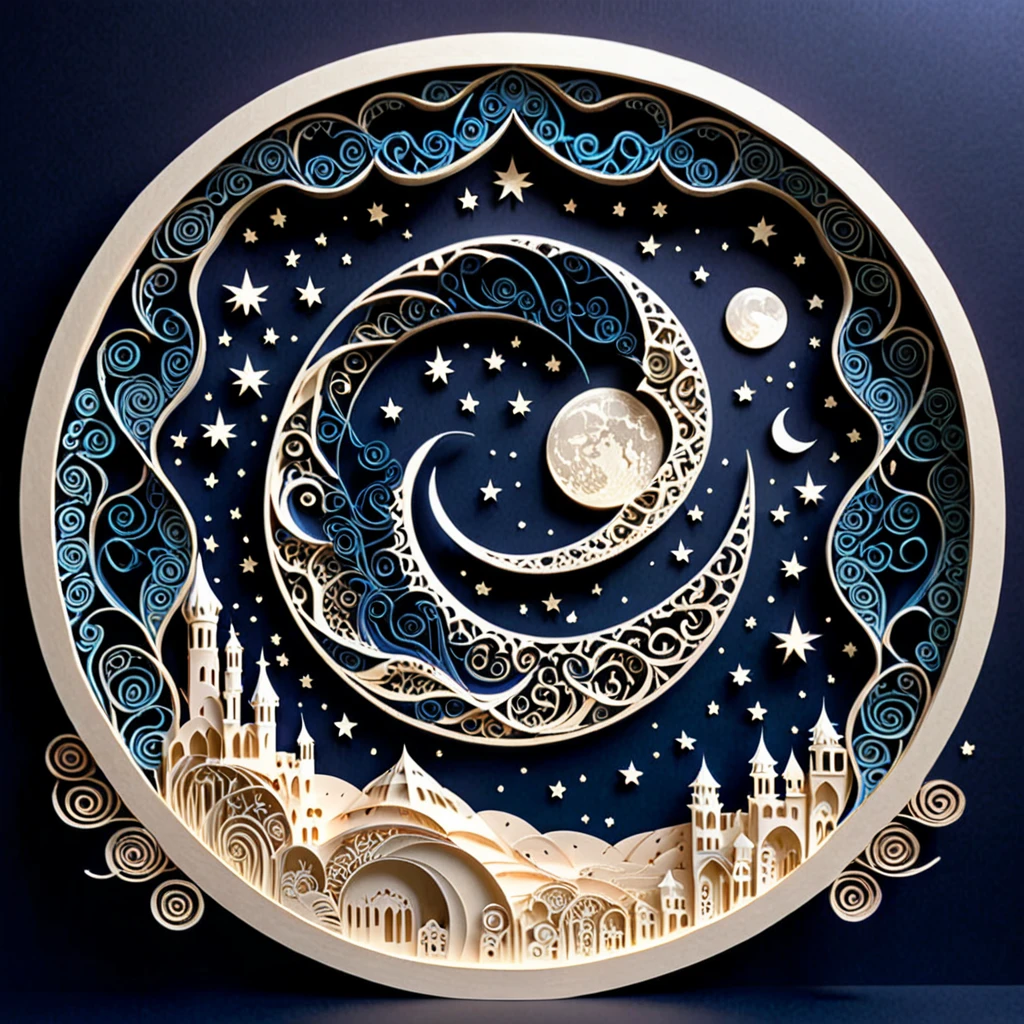 Create a detailed paper-cut artwork featuring intricate arabesque patterns on a moonlit night。. The artwork is exquisite, Swirling patterns that capture the essence of arabesque art, Against the backdrop of a calm night sky illuminated by the full moon. The moonlight should cast subtle shadows and highlights on the pattern., Adding depth and complexity. The overall atmosphere should be mysterious and elegant., Evoking timeless beauty.