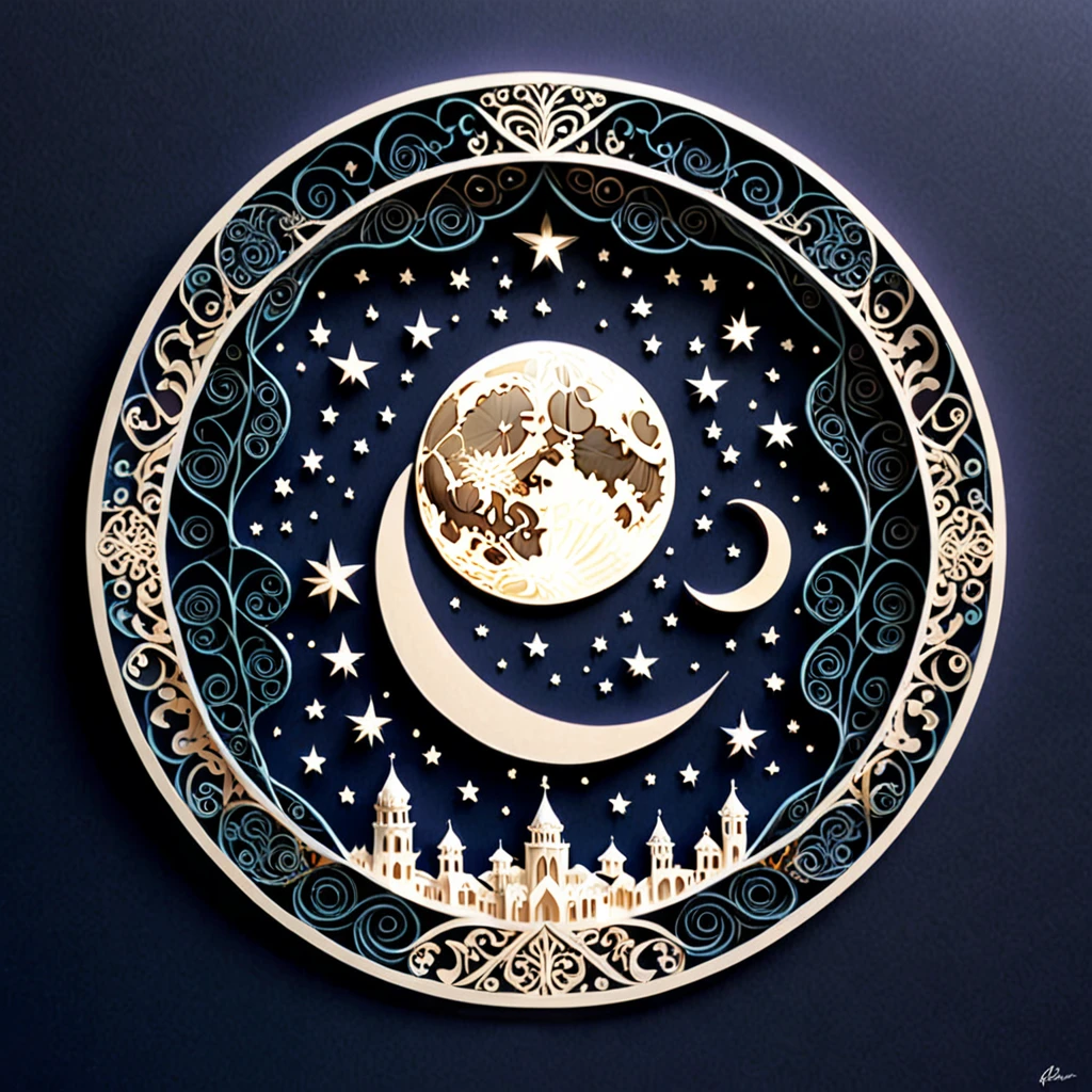 Create a detailed paper-cut artwork featuring intricate arabesque patterns on a moonlit night。. The artwork is exquisite, Swirling patterns that capture the essence of arabesque art, Against the backdrop of a calm night sky illuminated by the full moon. The moonlight should cast subtle shadows and highlights on the pattern., Adding depth and complexity. The overall atmosphere should be mysterious and elegant., Evoking timeless beauty.