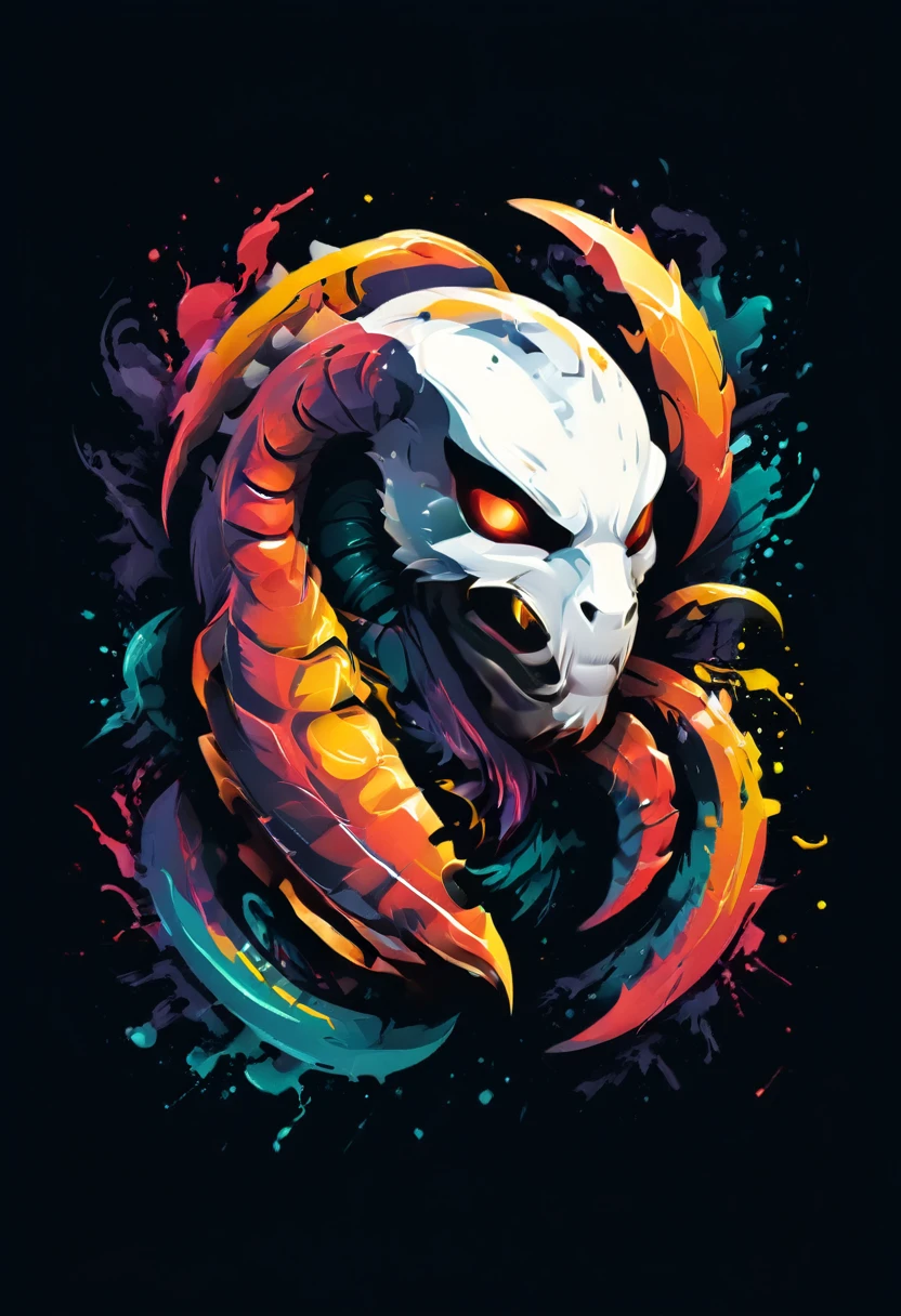 T-shirt Design with abstract scorpion, Fashion Print Illustration, vector graphic, isolated on black background, t shirt design,robust style,just design,White background,no model,proffesional,hight contrast,high resolution,ultra detali,bright coloured,metallic details,sharp focus,Jumpy,dynamic composition,gritty texture,rough brushstrokes,Mechanical elements,Chrome Effect,classic typography,retro style, aggressive style,aggressive lines and curves,3D rendering,impressive visual impact,dark shadows,strong brand presence,monochrome palette,Industrial aesthetics