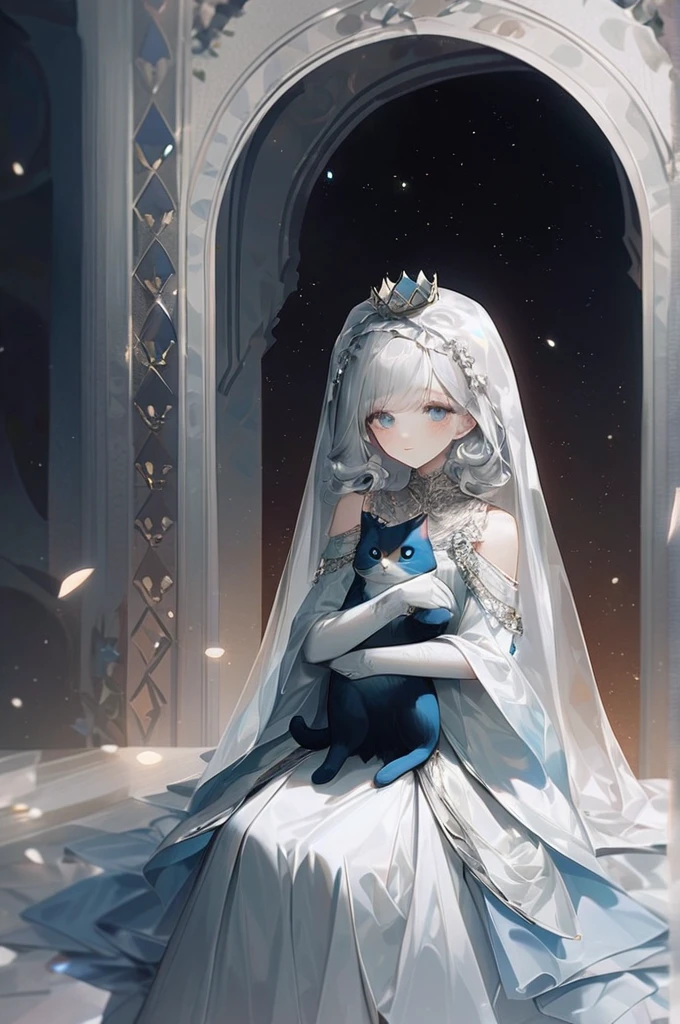 ((Лучшее качество)), ((шедевр)), (подробный), The girl is an alien. the eyes are gray-black and very very large. the skin color is gray-blue. the long white dress glitters. The girl is a princess. There is a crown and a veil on his head. The moon planet is behind us. The girl has a striped gray cat in her arms .white hair , long to the floor