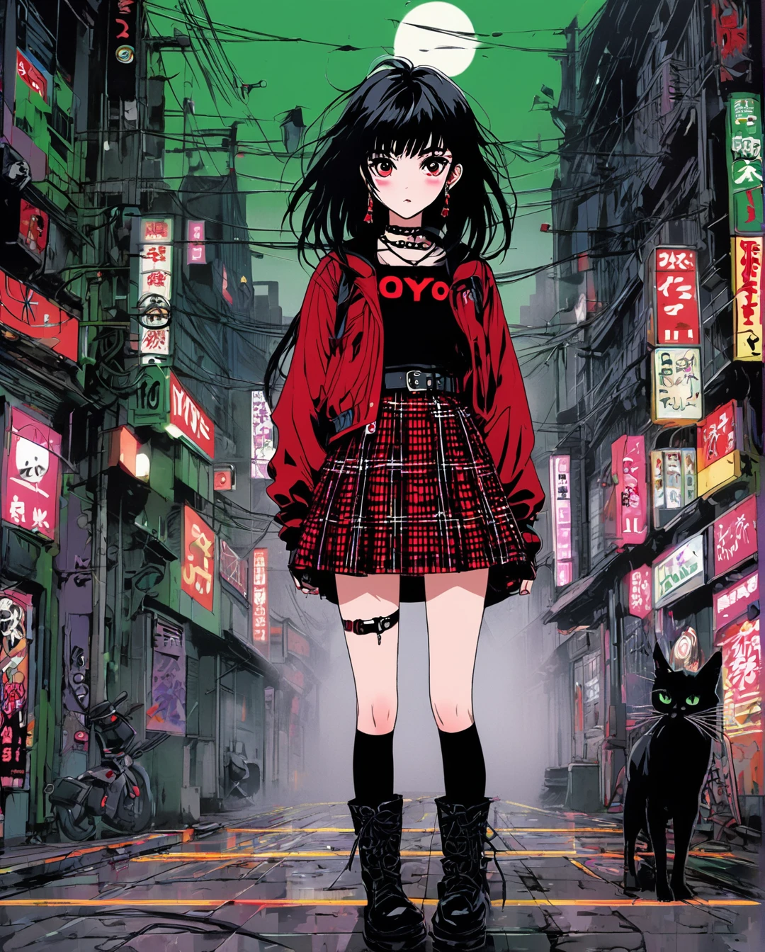 Japanese Anime,Second Dimension,Horror style,horror character,(((High resolution, full detailed, better image quality, Believe me a beautiful goth girl, who has black hair with Half-sided bangs painted dark red, with a short t-shirt, with a black and red plaid skirt, with black boots, with a punk style bracelet, and the punk style belt, full body, on a foggy night street, BREAK, Art style by Yoshiaki Kawajiri and Tsukasa Hojo and Toshihiro Kawamoto - -intricately detailed face - -80s and 90s anime still - -1980s retro anime - -1980s and 1990s anime retro nostalgia -highly detailed profile BREAK, ARISTYLE4, Soft Pastel -depth of field, Cinematic Angles, Dynamic angles, (((masterpiece))), perfect face, ((full body shot)),.)).(((Thin waist,Green belt:1.6))).Pure pink background