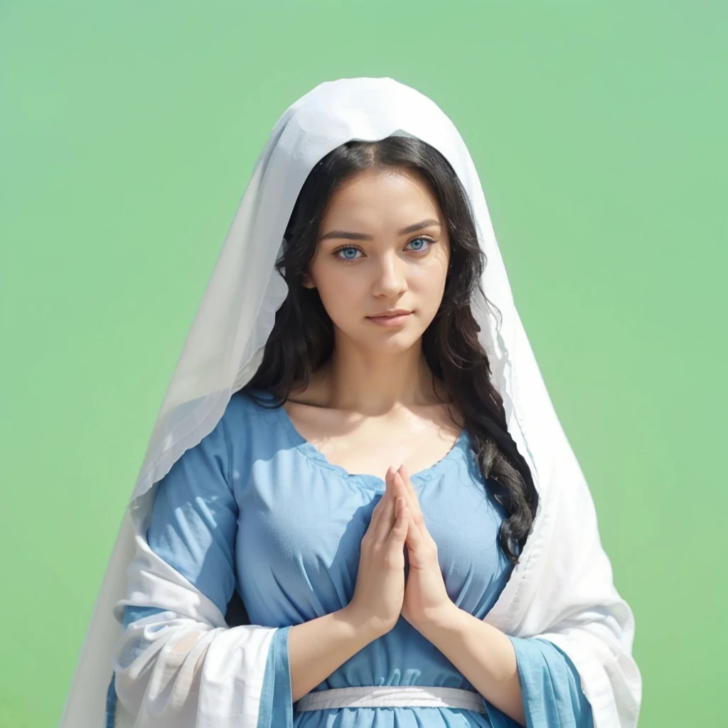 Beautiful woman with light blue eyes, curly black hair, wearing a blue tunic with wide, long sleeves adjusted at the waist by a white sash. Wear a thick white veil.