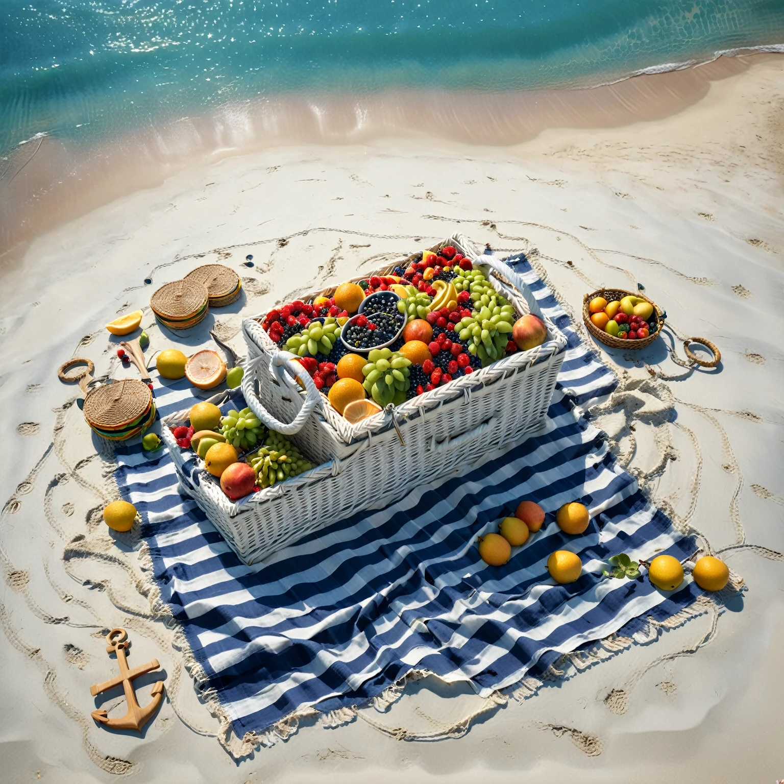 A 8k,original photo, best quality, realistic ,cinematic image of a picnic scene set on a pristine white sand beach with gentle waves lapping at the shore. A white and navy striped blanket is spread out, adorned with a wicker basket overflowing with fresh fruits and colorful sandwiches. A vintage anchor rests beside the basket, partially buried in the sand. In the background, sailboats with white sails dot the horizon under a clear blue sky.